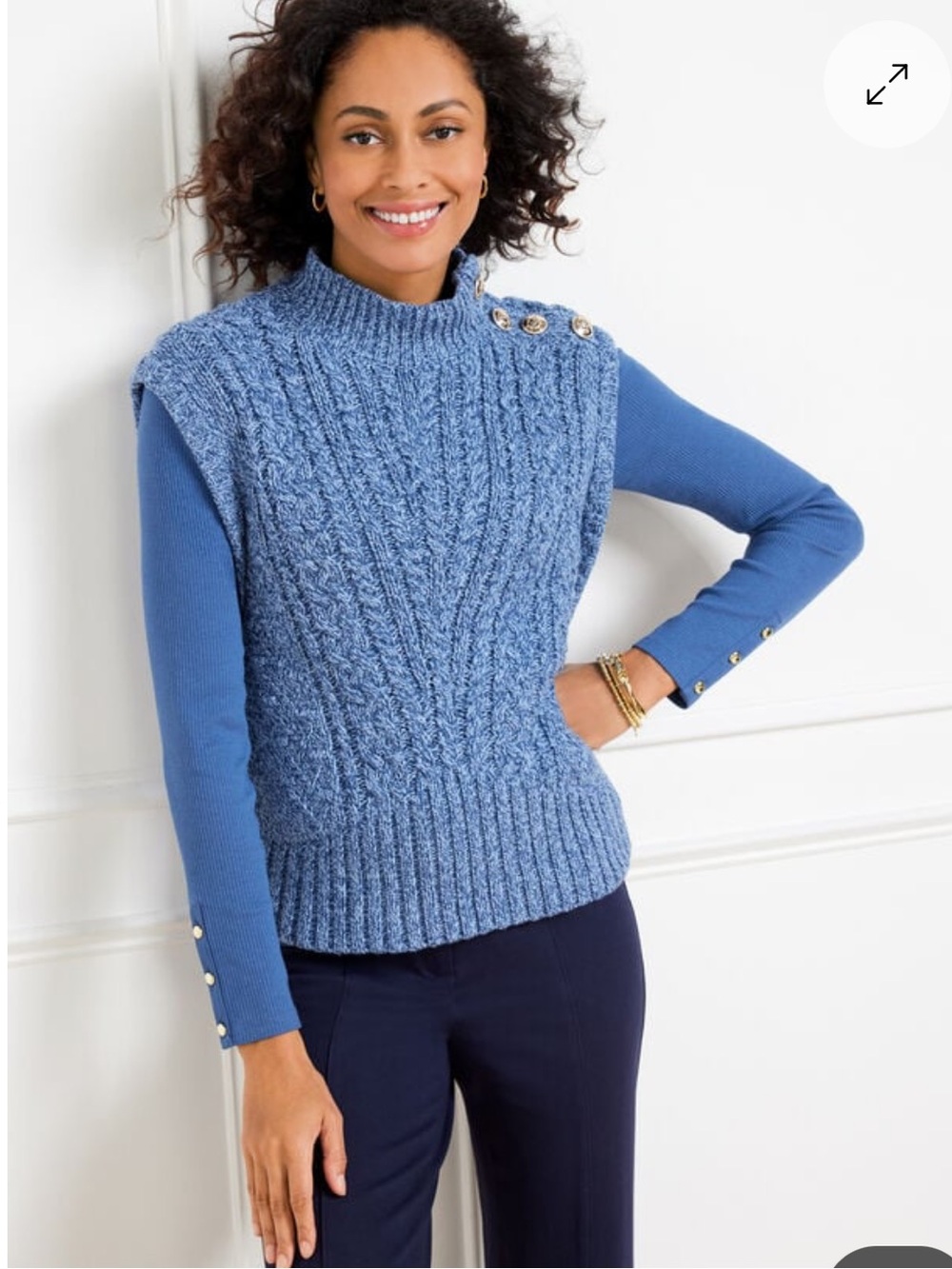 TALBOTS Cable Knit Mock Neck Sweater Vest Large Marl Blue